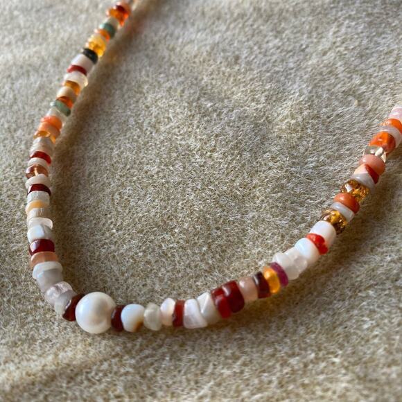 14K Gold Multi Natural Gemstone Freshwater Pearl Necklace - Picture 1 of 3
